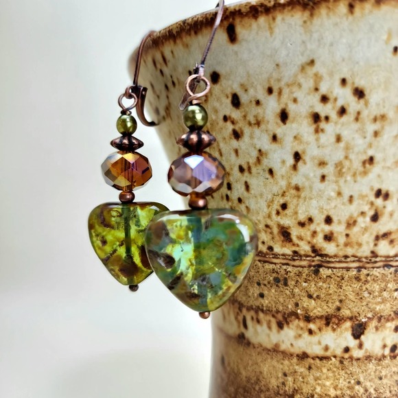Earthy Green Triangle Earrings, Handmade - Picture 5 of 9